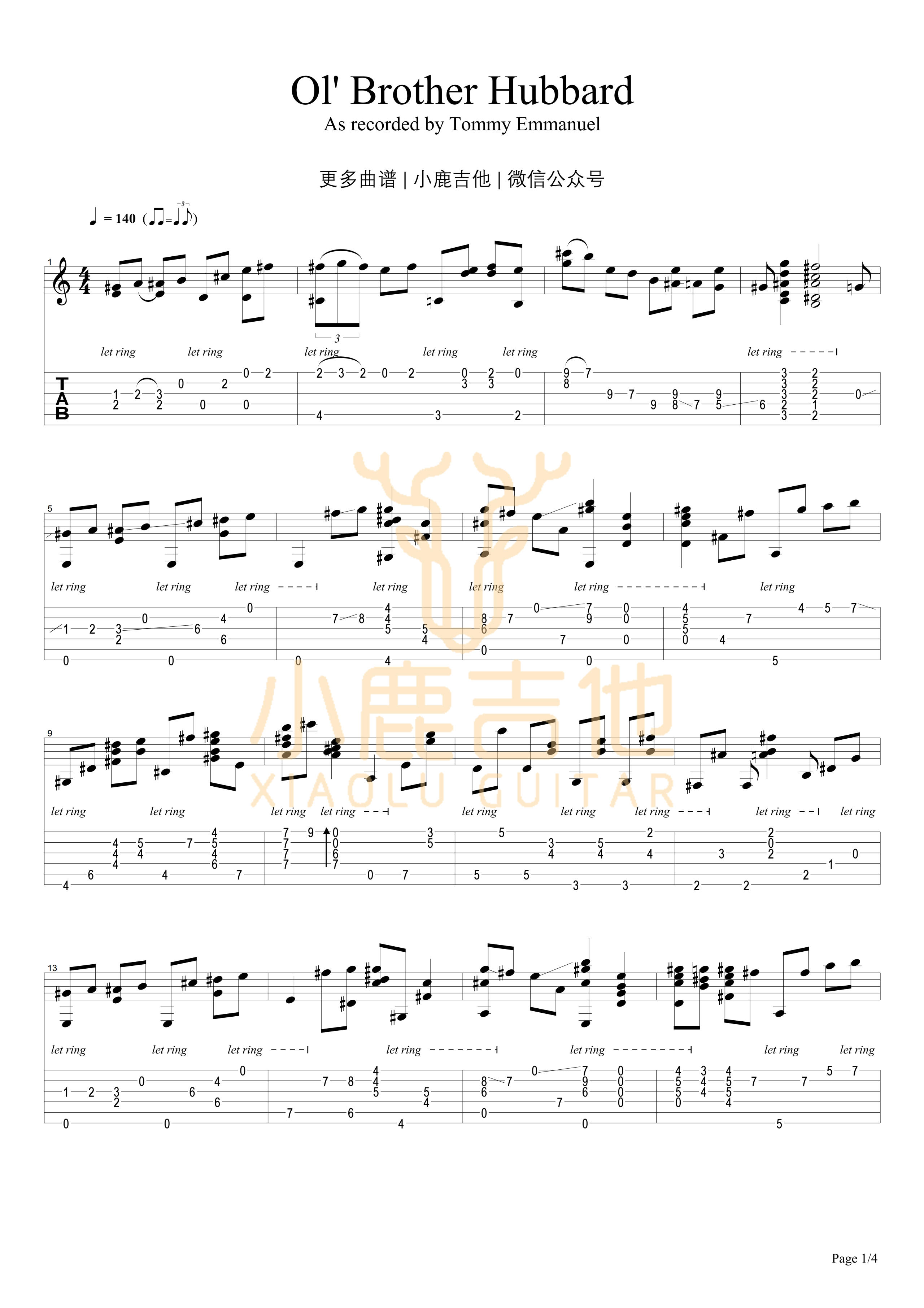 Ol Brother Hubbard-Tommy Emmanuel指弹吉他谱(小鹿吉他)