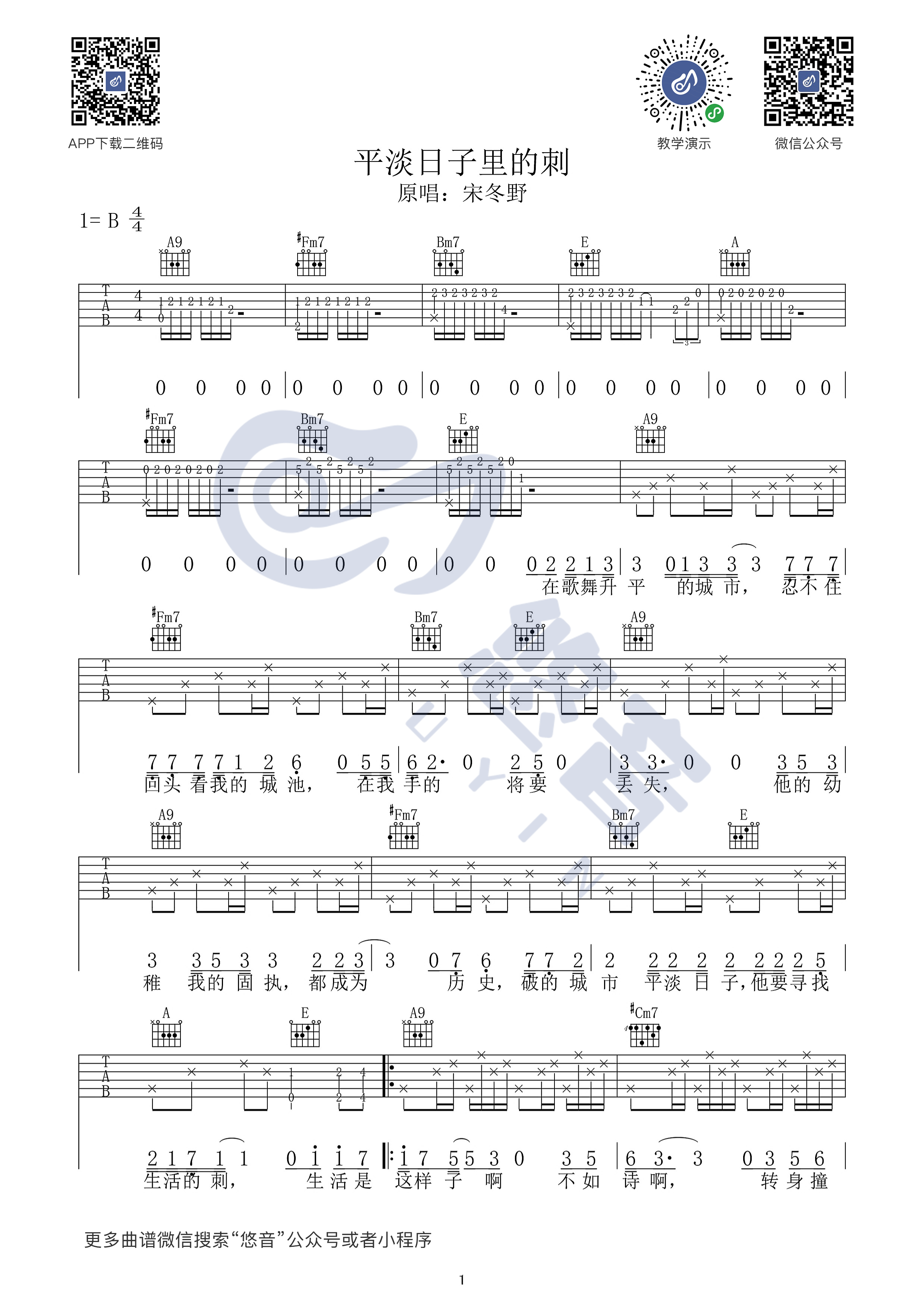 平淡日子里的刺吉他谱 B调原版_悠音吉他课堂编配_宋冬野