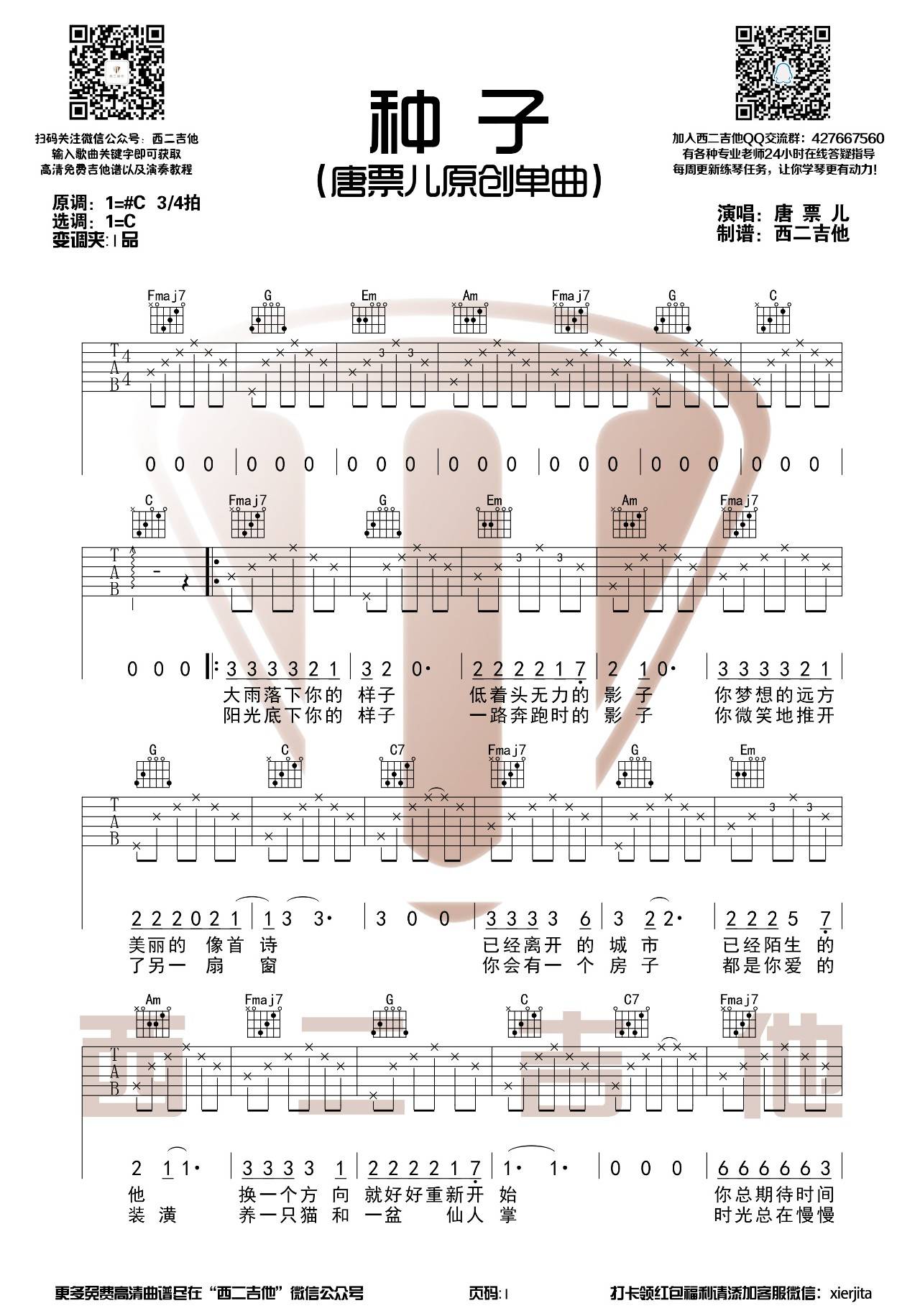 种子吉他谱 C调高清版_西二吉他编配_唐票儿