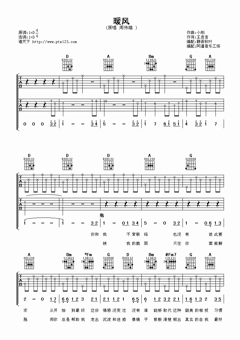 暖风吉他谱 D调男生版_阿潘音乐工场编配_周传雄