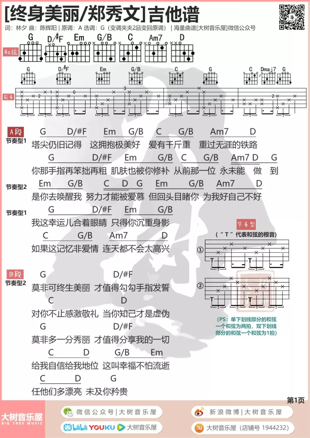 终身美丽吉他谱 G调和弦谱_大树音乐屋编配_郑秀文