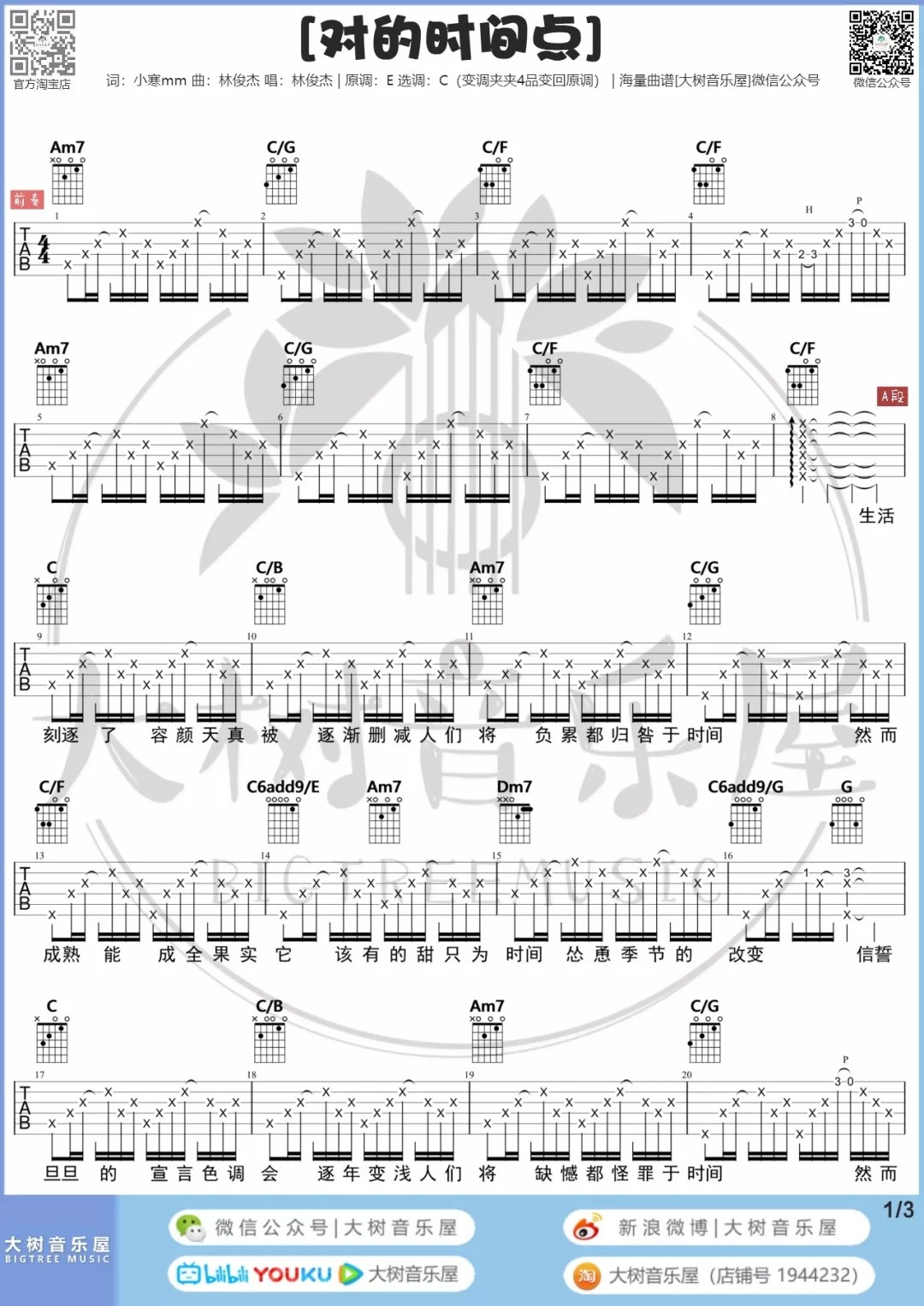 对的时间点吉他谱 C调六线谱_大树音乐屋编配_林俊杰