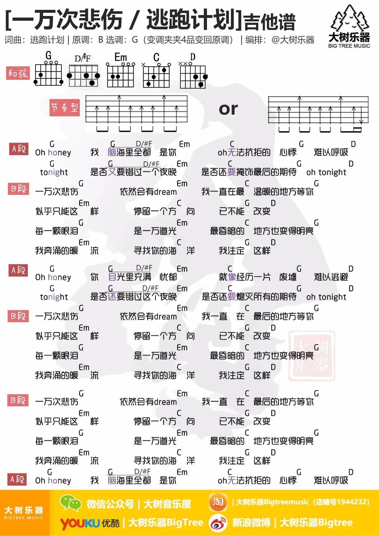 一万次悲伤吉他谱 G调和弦谱_大树音乐屋编配_逃跑计划