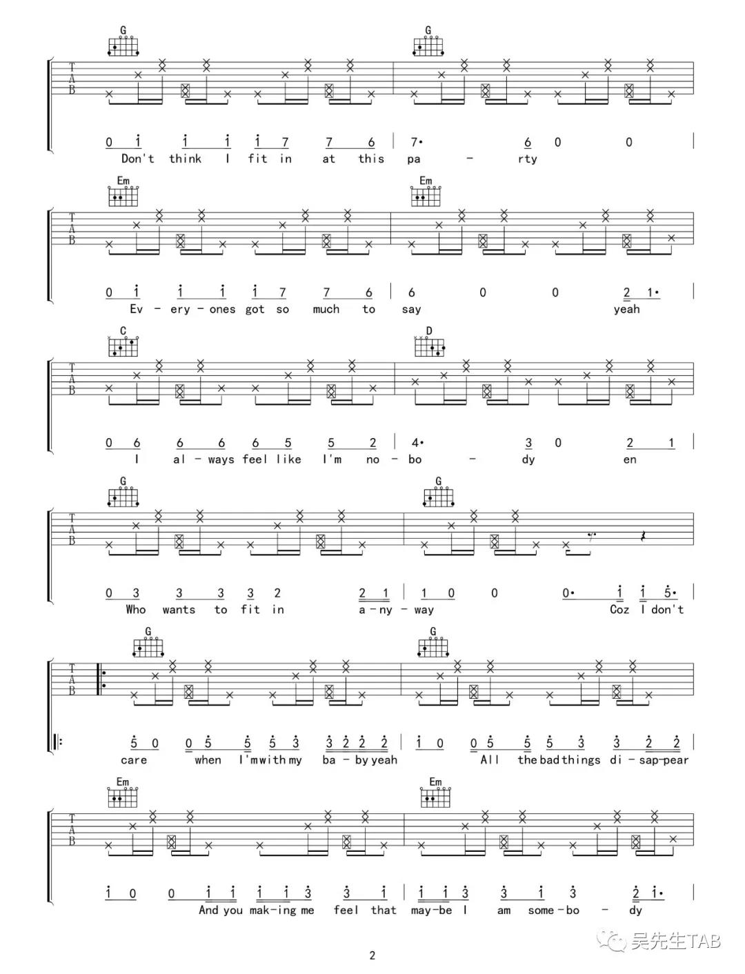 I Don't Care吉他谱 G调_吴先生编配_比伯