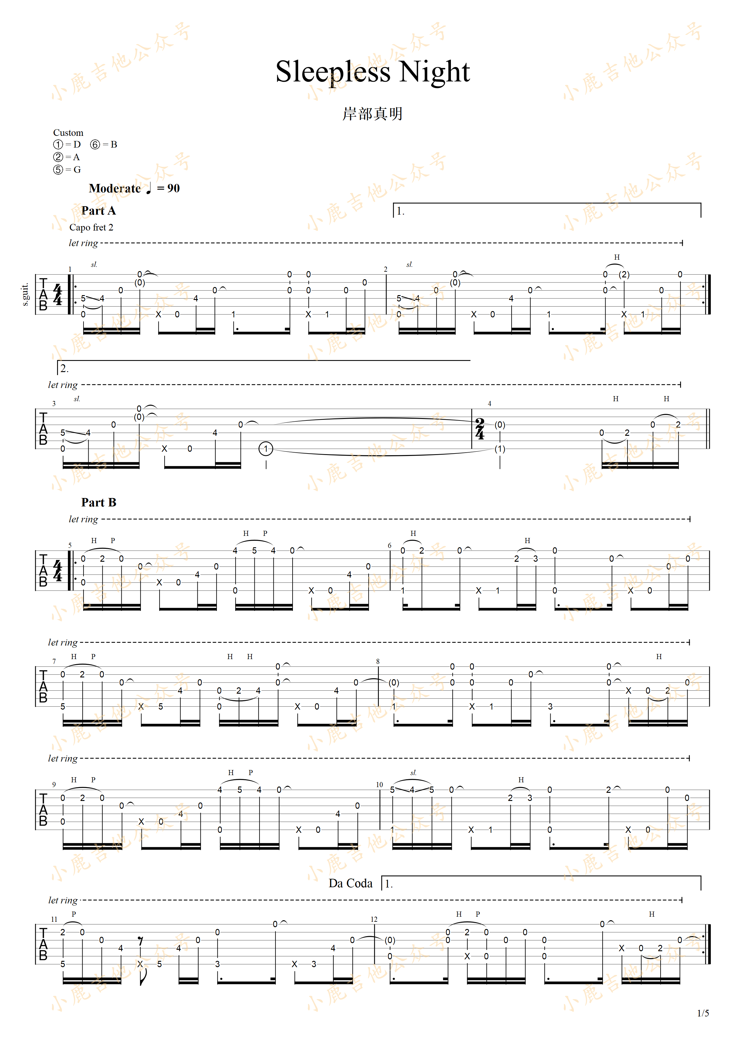 Sleepless Night-岸部真明 指弹吉他谱（小鹿吉他）