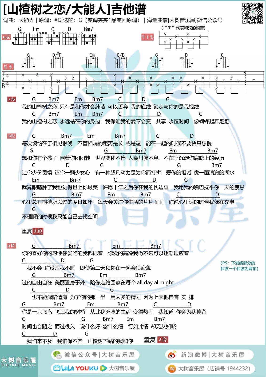 山楂树之恋吉他谱 G调高清版_大树音乐编配_大能人