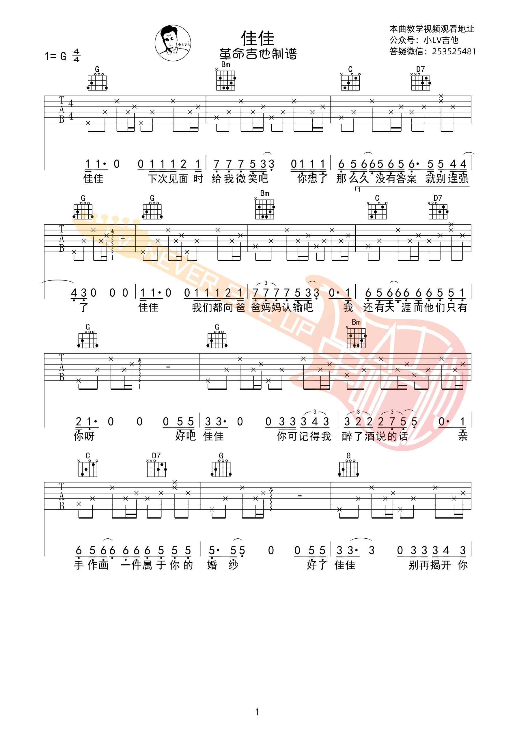 张昱铭佳佳吉他谱弹唱谱 革命吉他版