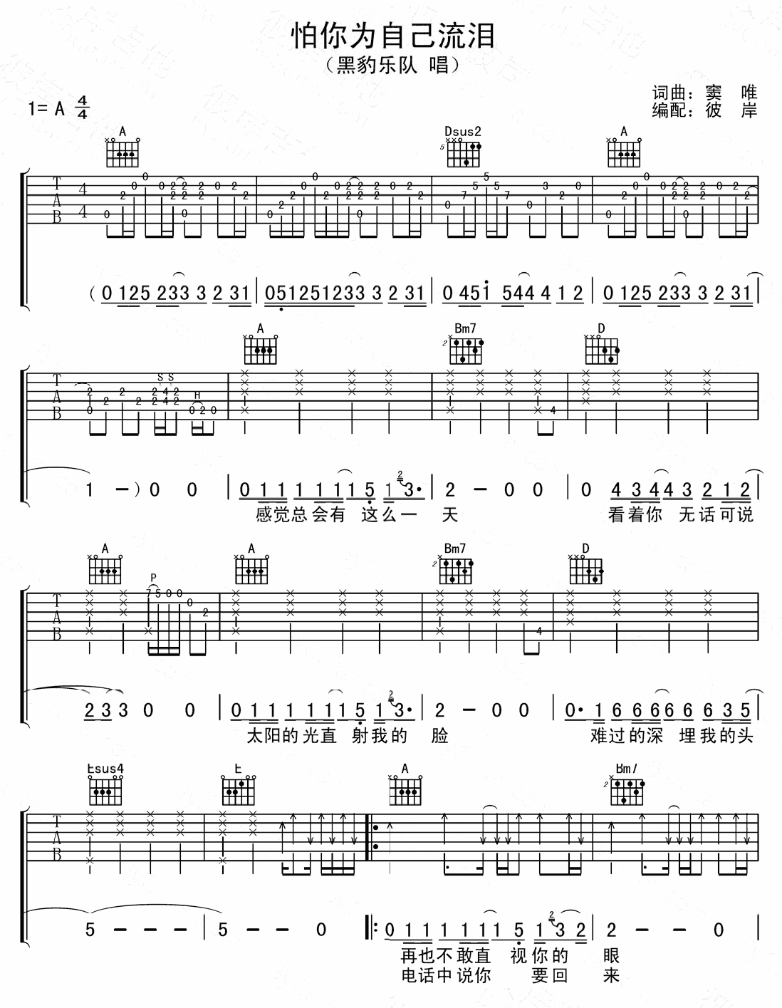 怕你为自己流泪吉他谱 A调精选版_彼岸吉他编配_黑豹乐队