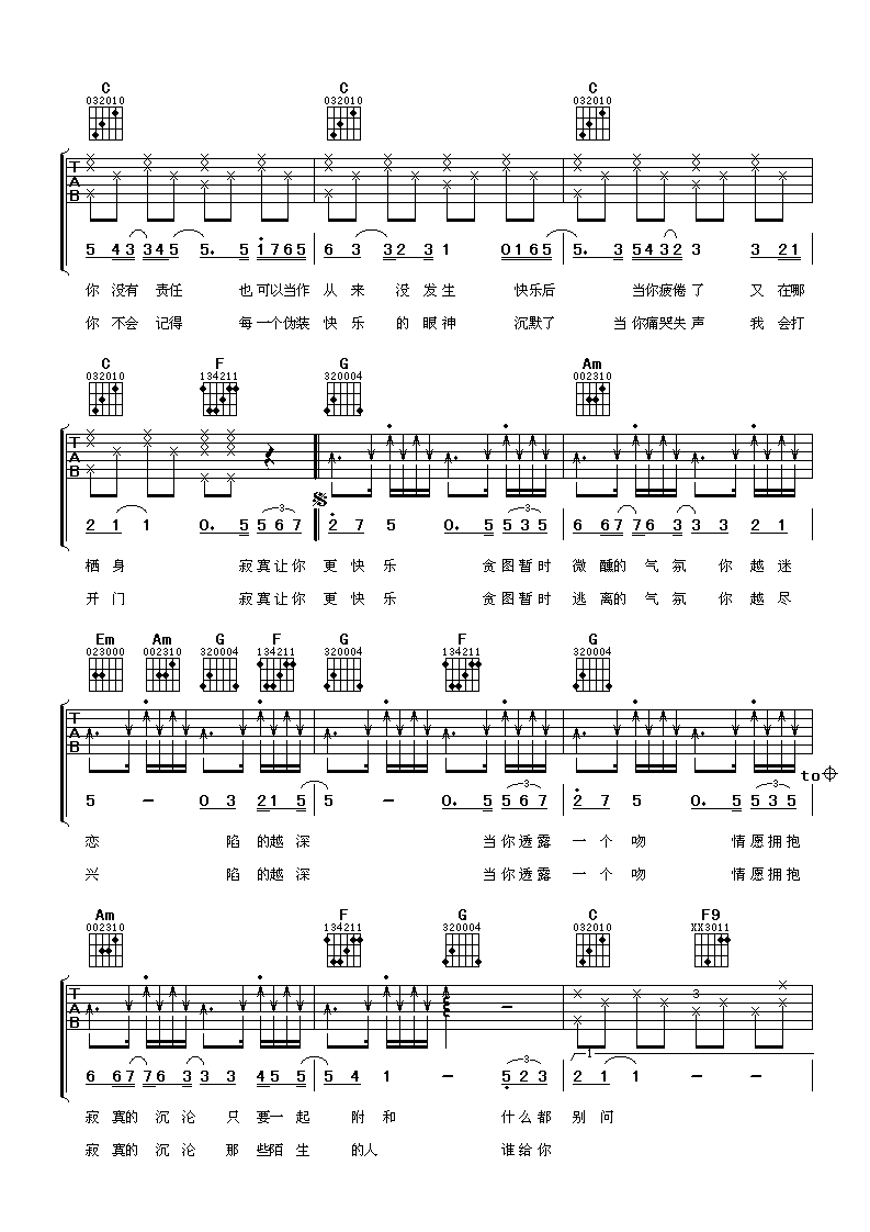 寂寞让你更快乐吉他谱 C调六线谱_阿潘音乐工场编配_陈奕迅