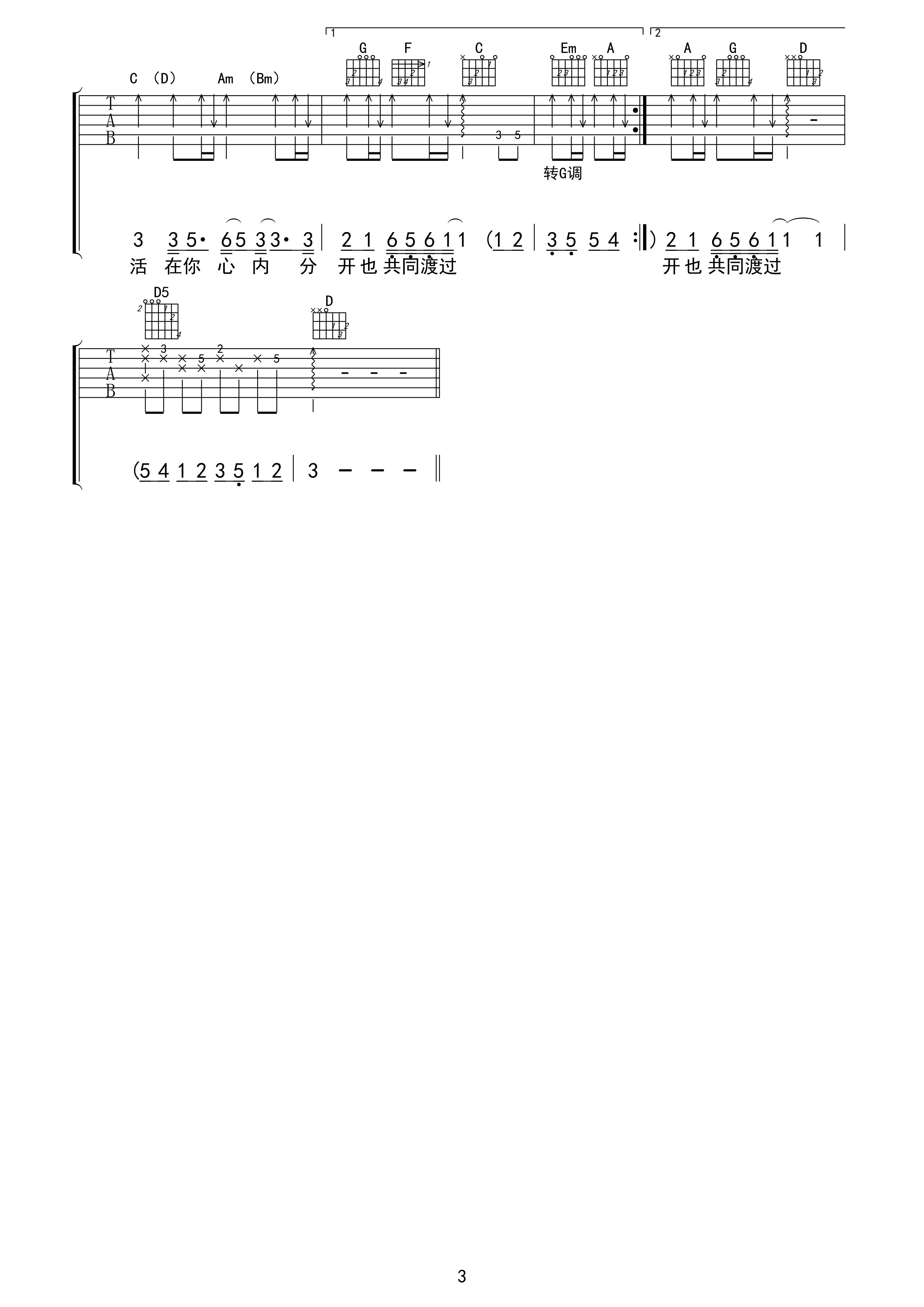 共同渡过吉他谱 C调高清版_梁青义编配_张国荣