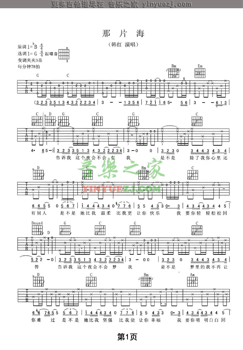 那片海吉他谱 G调附前奏_音乐之家编配_韩红