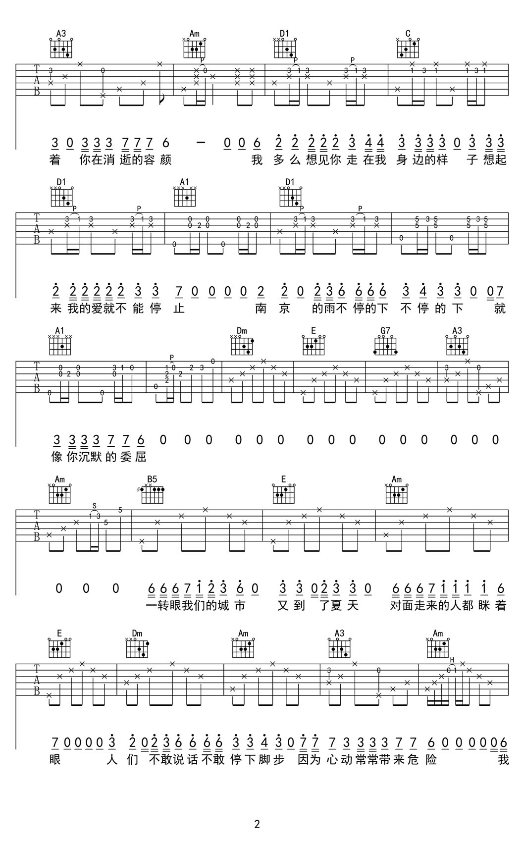 山阴路的夏天吉他谱 C调六线谱_附前奏_李志