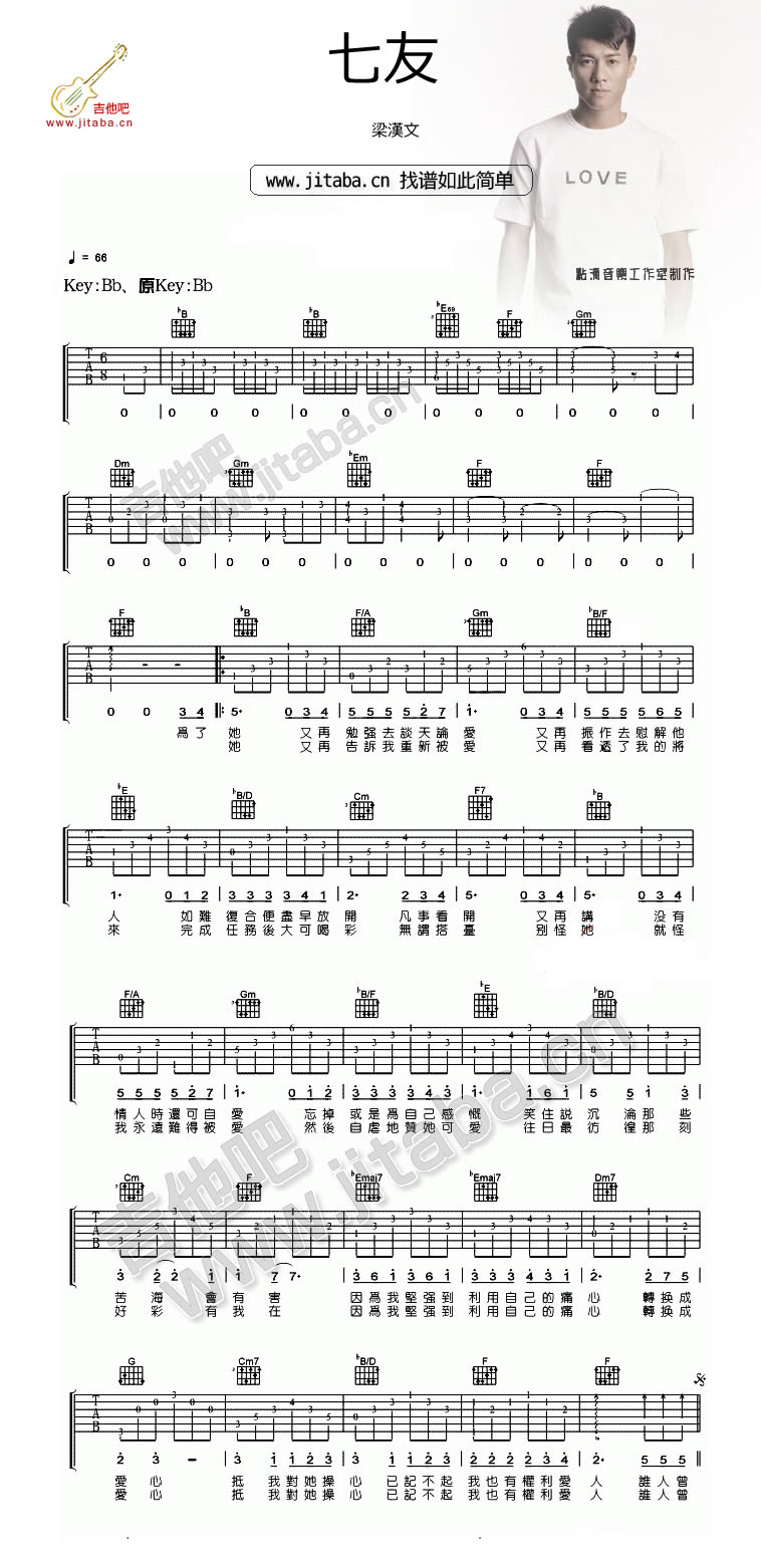 七友吉他谱 B调男生版_吉他吧编配_梁汉文