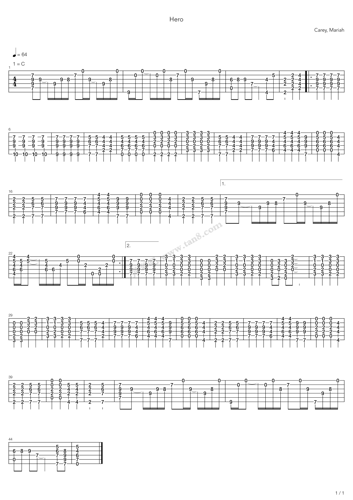 hero指弹谱 C调六线谱_弹琴吧编配_Mariah Carey