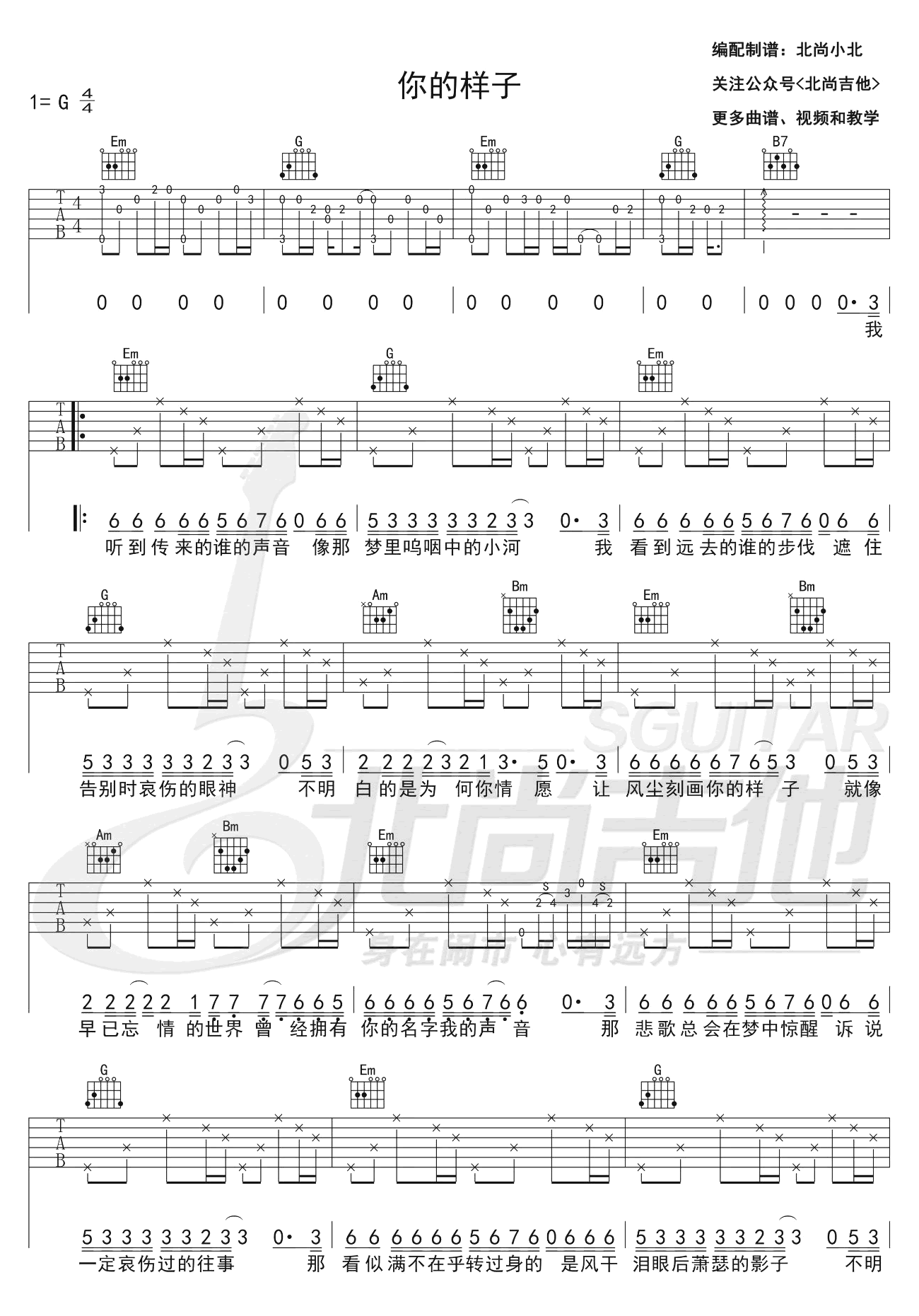 你的样子吉他谱 G调弹唱谱_林志炫_北尚吉他制谱