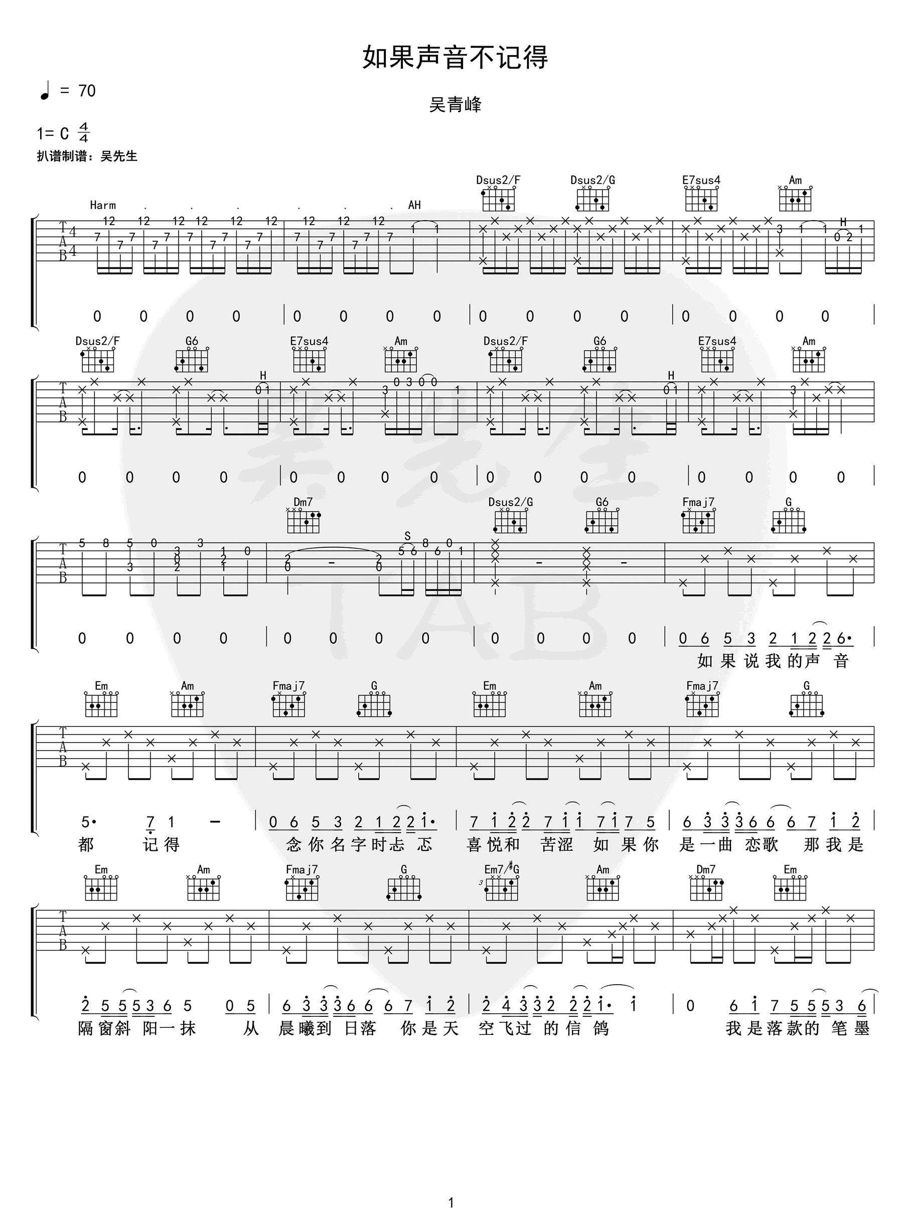 如果声音不记得吉他谱 C调弹唱谱_吴青峰_吴先生TAB制谱