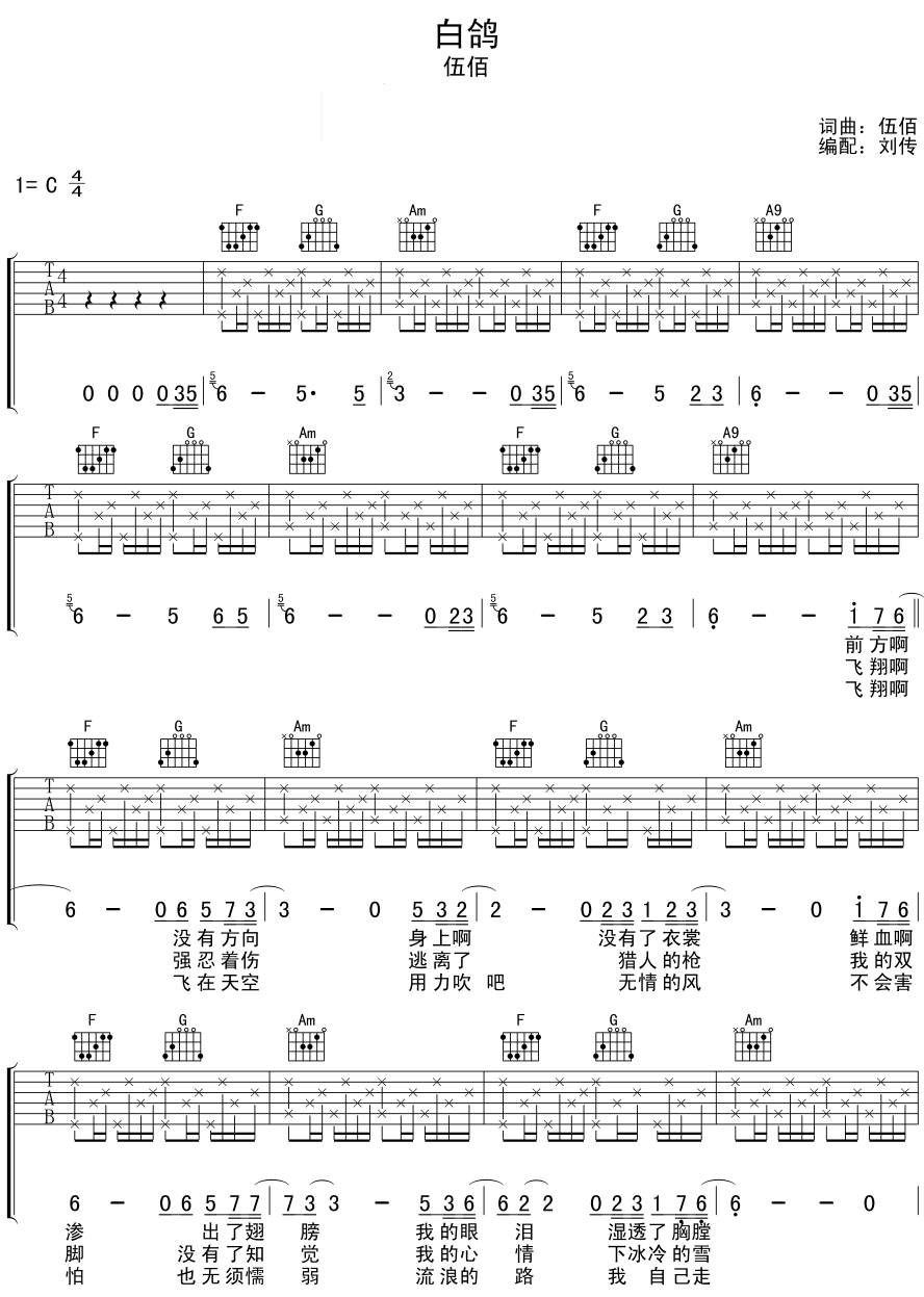 白鸽吉他谱 C调_风华艺校刘传编配版本_伍佰