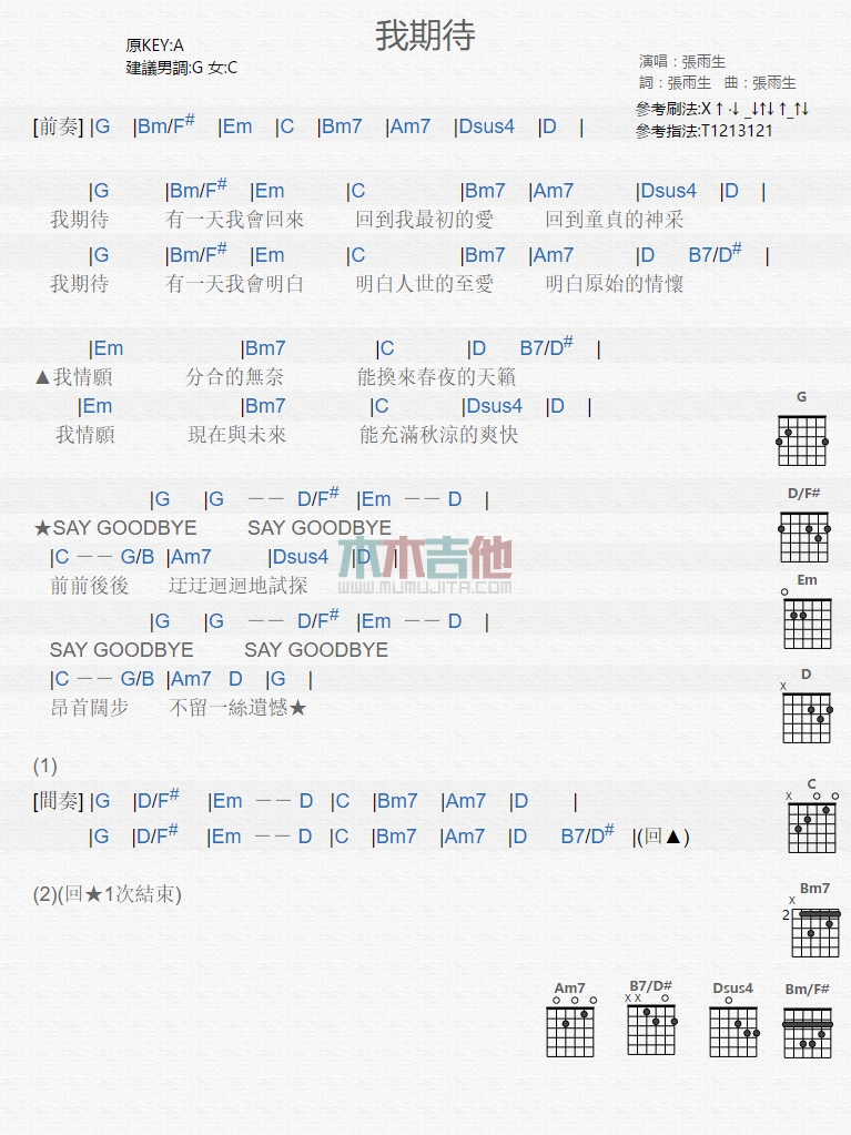 我期待吉他谱 A调和弦谱_木木吉他编配_张雨生