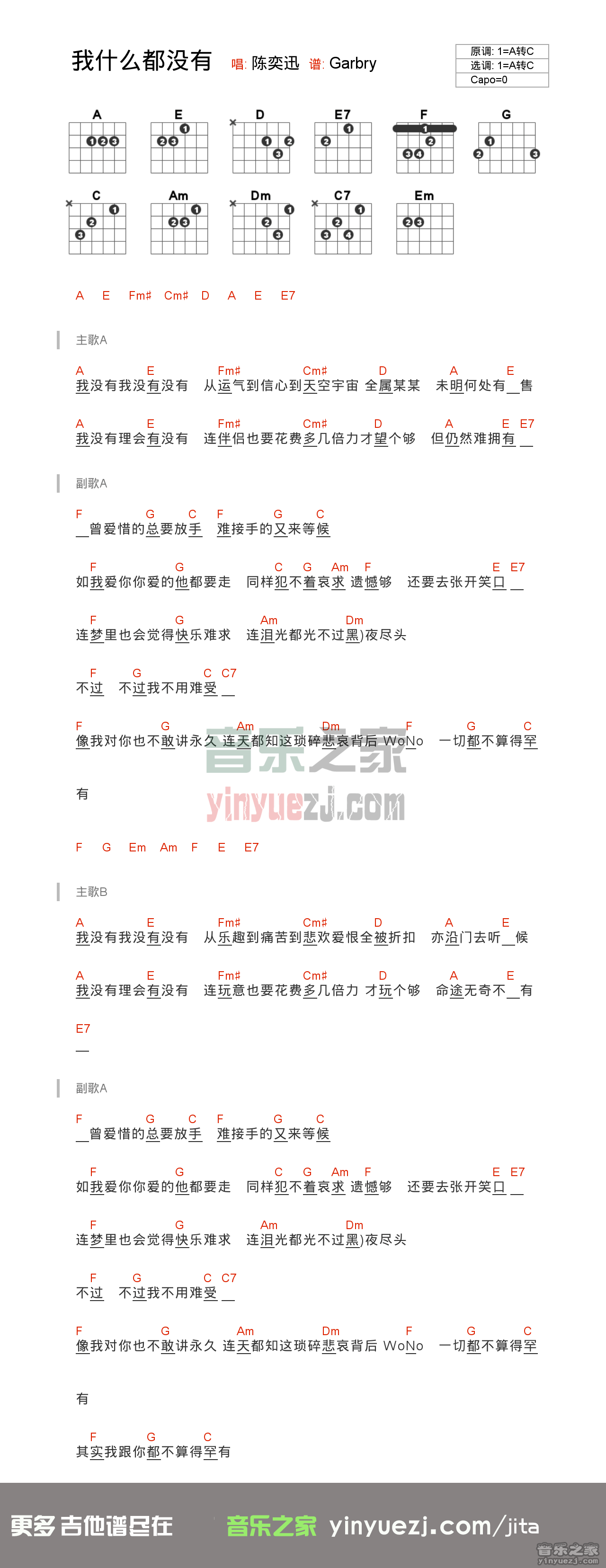我什么都没有吉他谱 C调和弦谱_音乐之家编配_陈奕迅