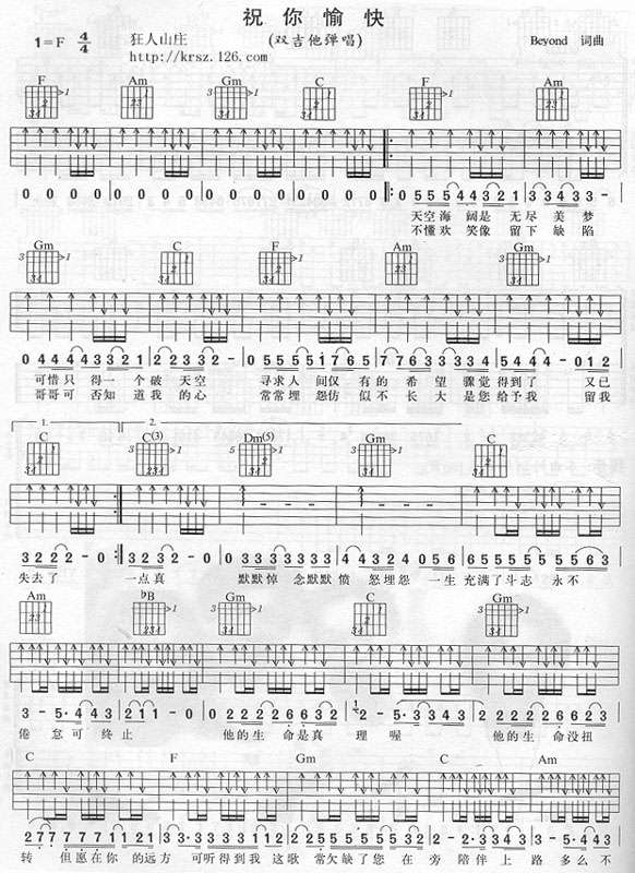 祝你愉快吉他谱 F调六线谱_扫弦版_Beyond