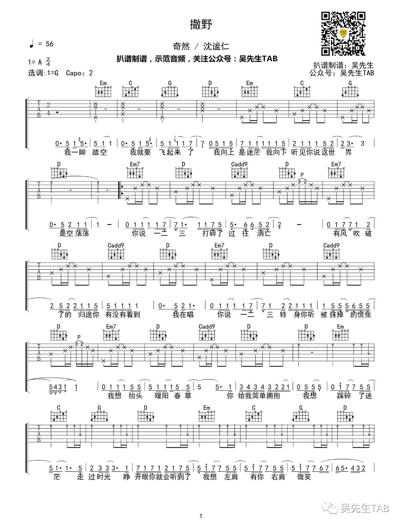 撒野吉他谱 G调_吴先生编配弹唱谱_奇然_沈谧仁