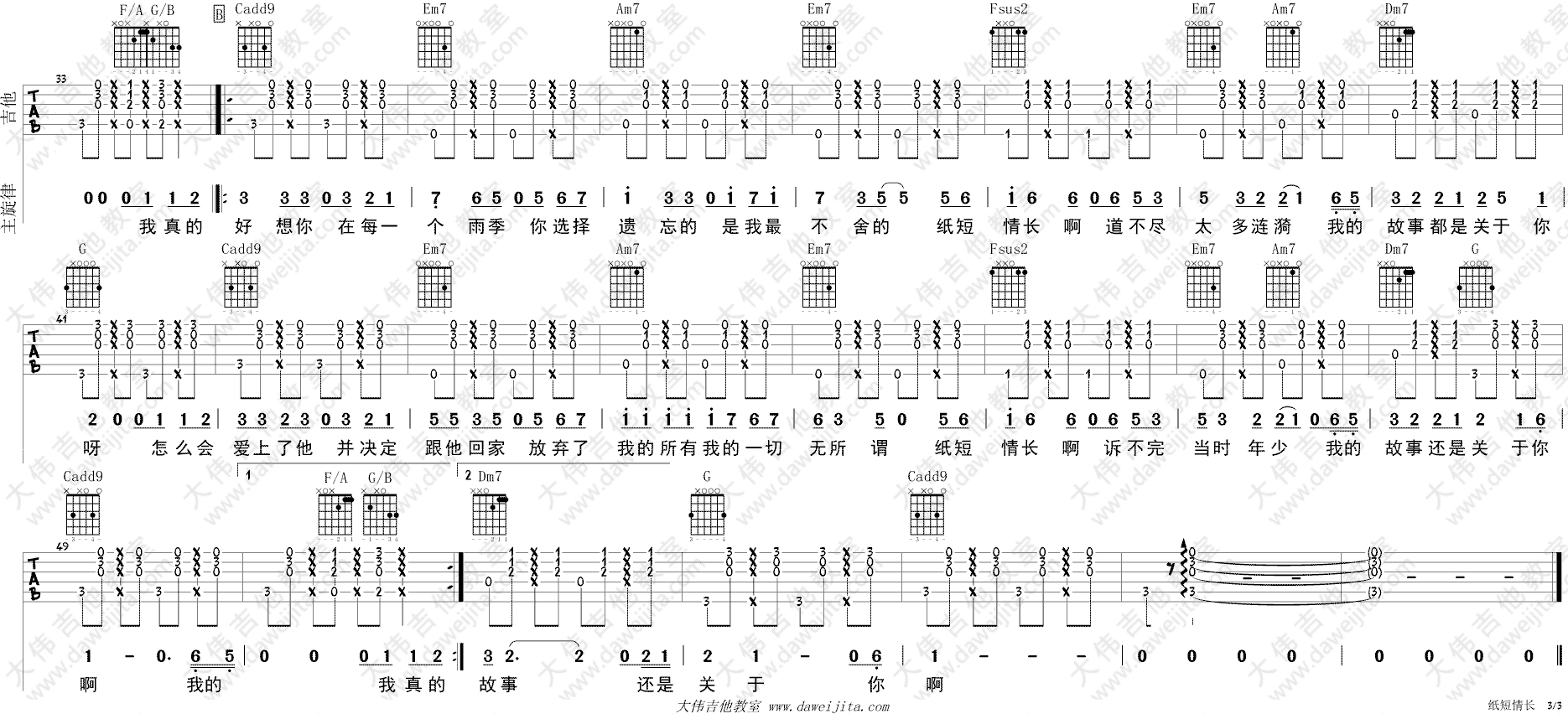 纸短情长吉他谱 C调版本_大伟吉他教室编配_烟把儿乐队
