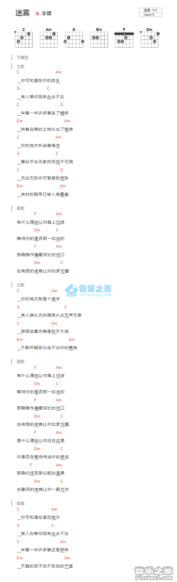 迷雾吉他谱 C调和弦谱_音乐之家编配_李健