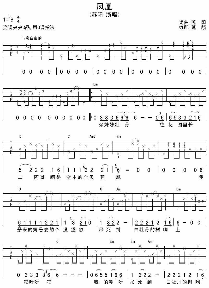 凤凰吉他谱 B调六线谱_延麟编配_苏阳