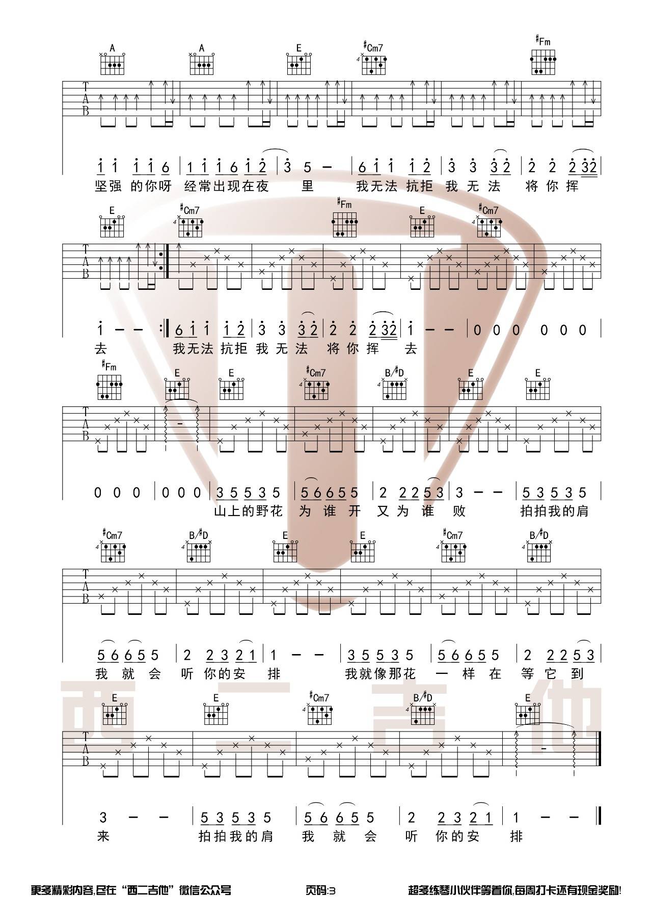 野花吉他谱 E调原版_西二吉他编配_旦增尼玛