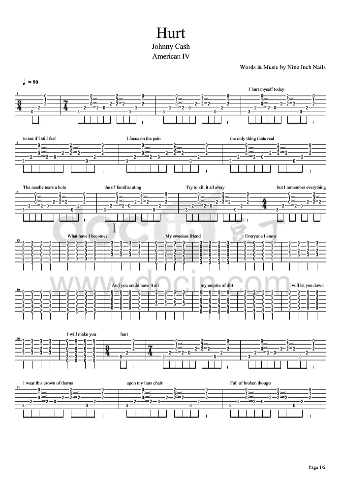 hurt指弹谱 原调六线谱_豆丁网编配_Johnny Cash