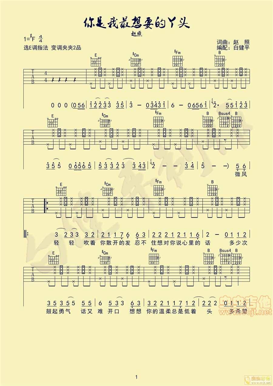 你是我最想要的丫头吉他谱 E调_白健平编配_赵照