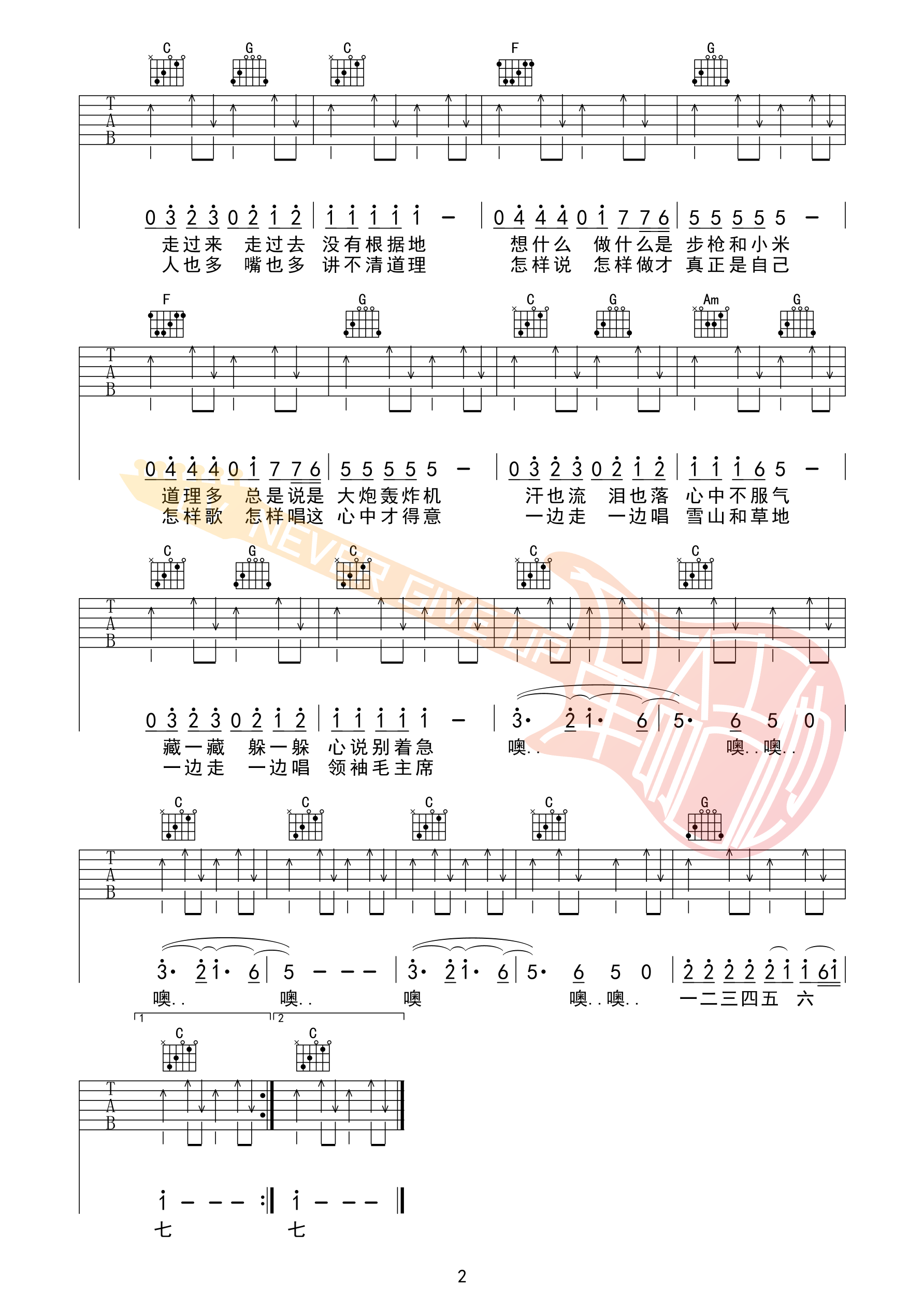 崔健新长征路上的摇滚C调吉他谱 革命吉他版