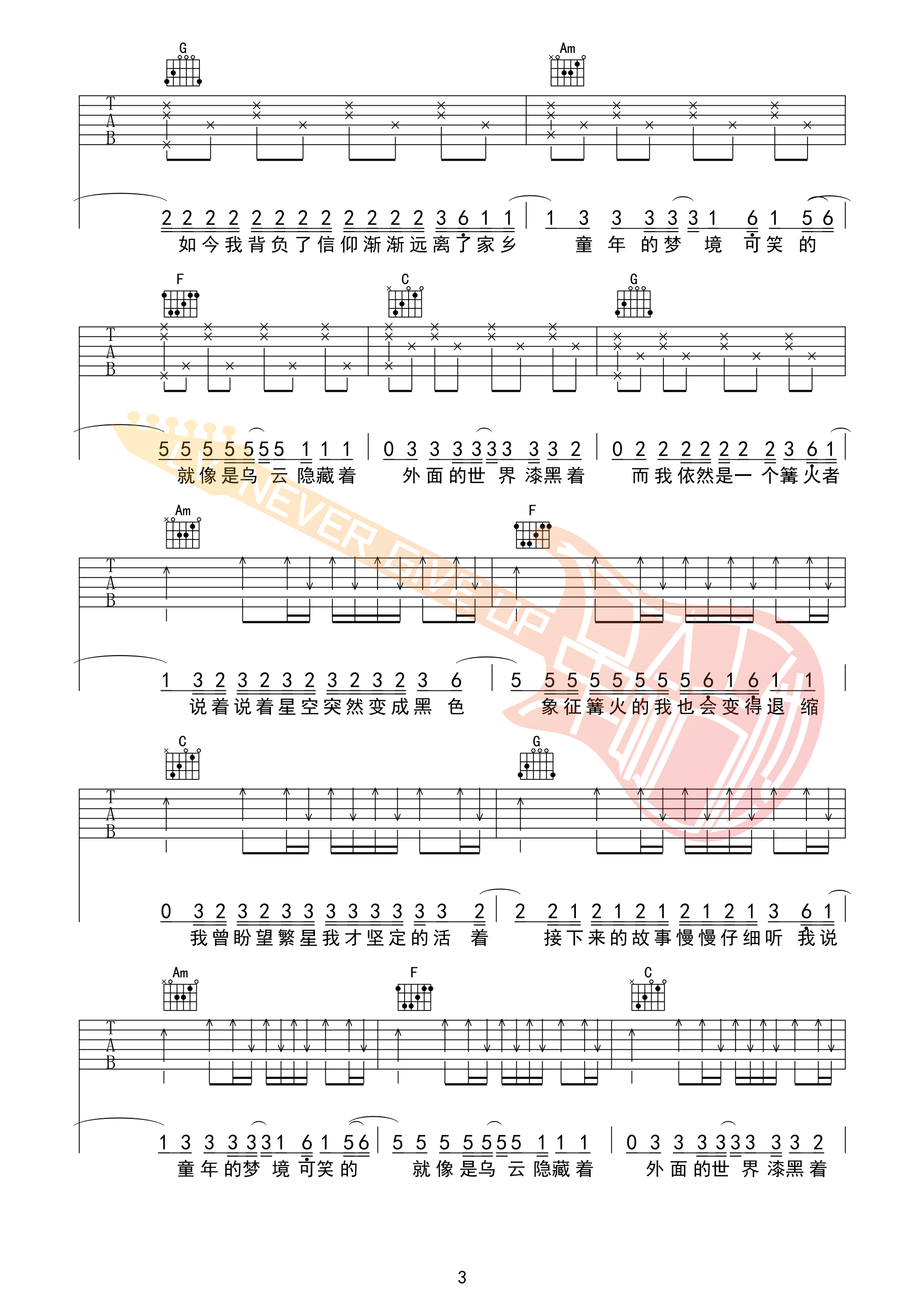 zyboy忠宇妈妈的话C调吉他谱 革命吉他版