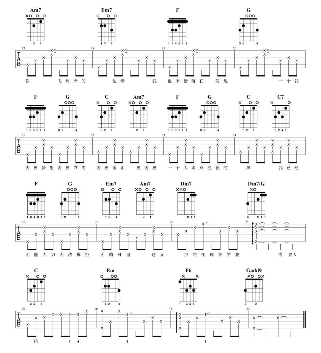需要人陪吉他谱 C调精选版_7T吉他教室编配_王力宏