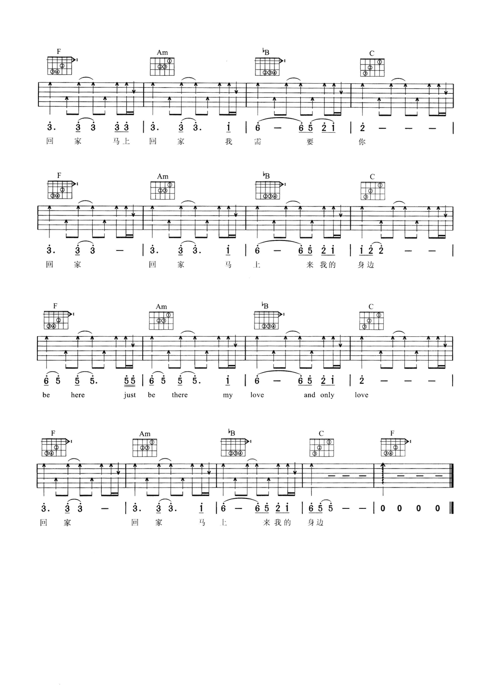 回家吉他谱 F调六线谱_简单版_顺子