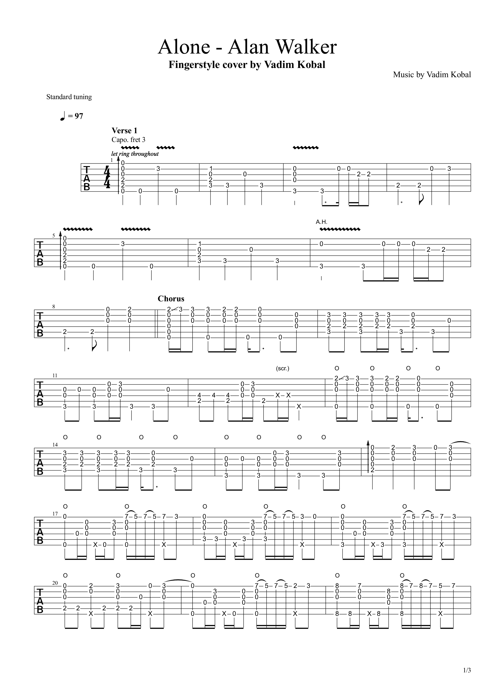 alone指弹谱 原调六线谱_高清版_Alan Walker