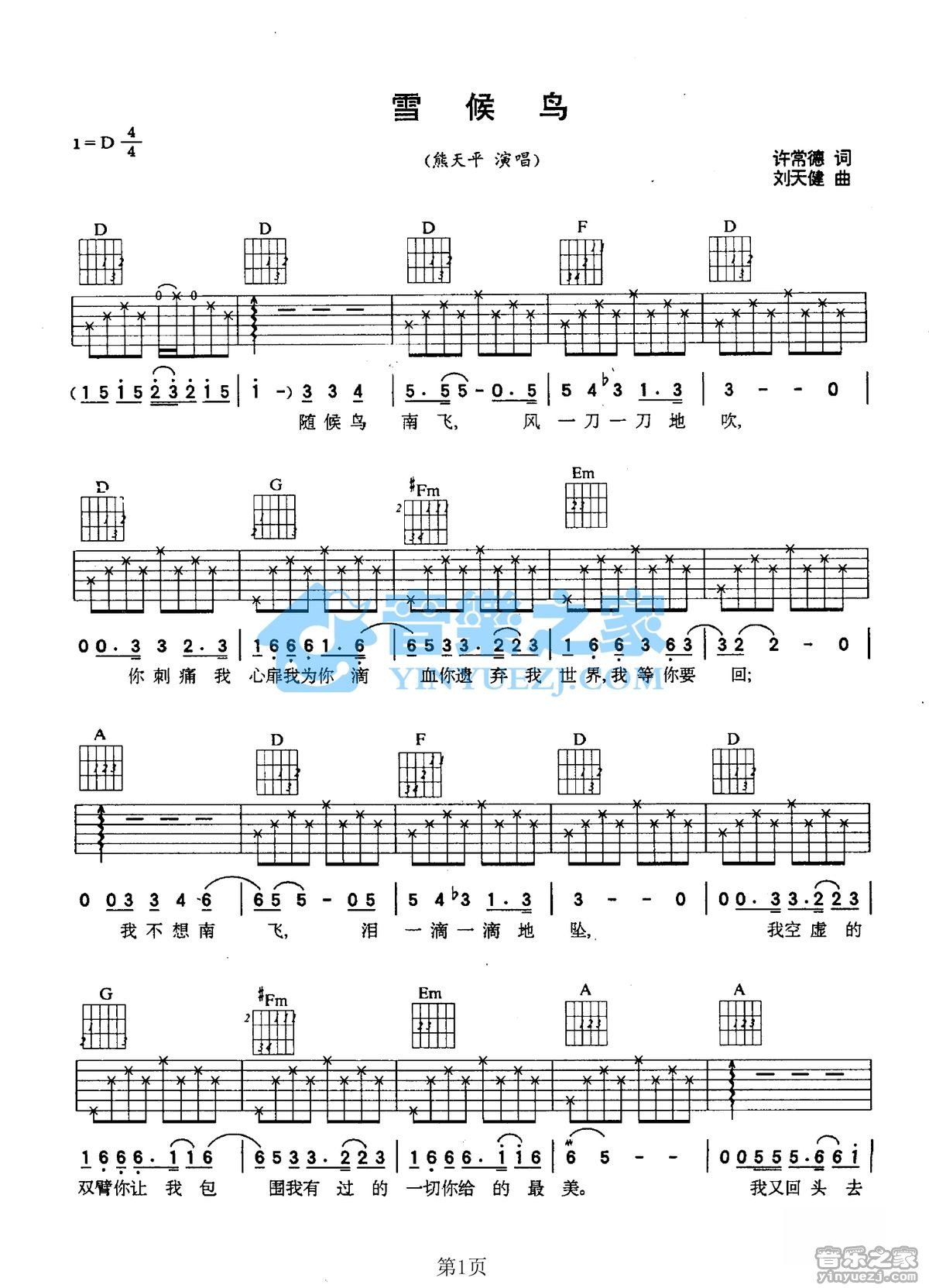 雪候鸟吉他谱 D调六线谱_音乐之家编配_熊天平