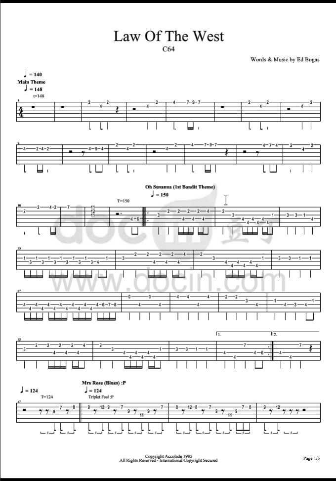 Law Of The West指弹谱 原调六线谱_豆丁编配_Recycled
