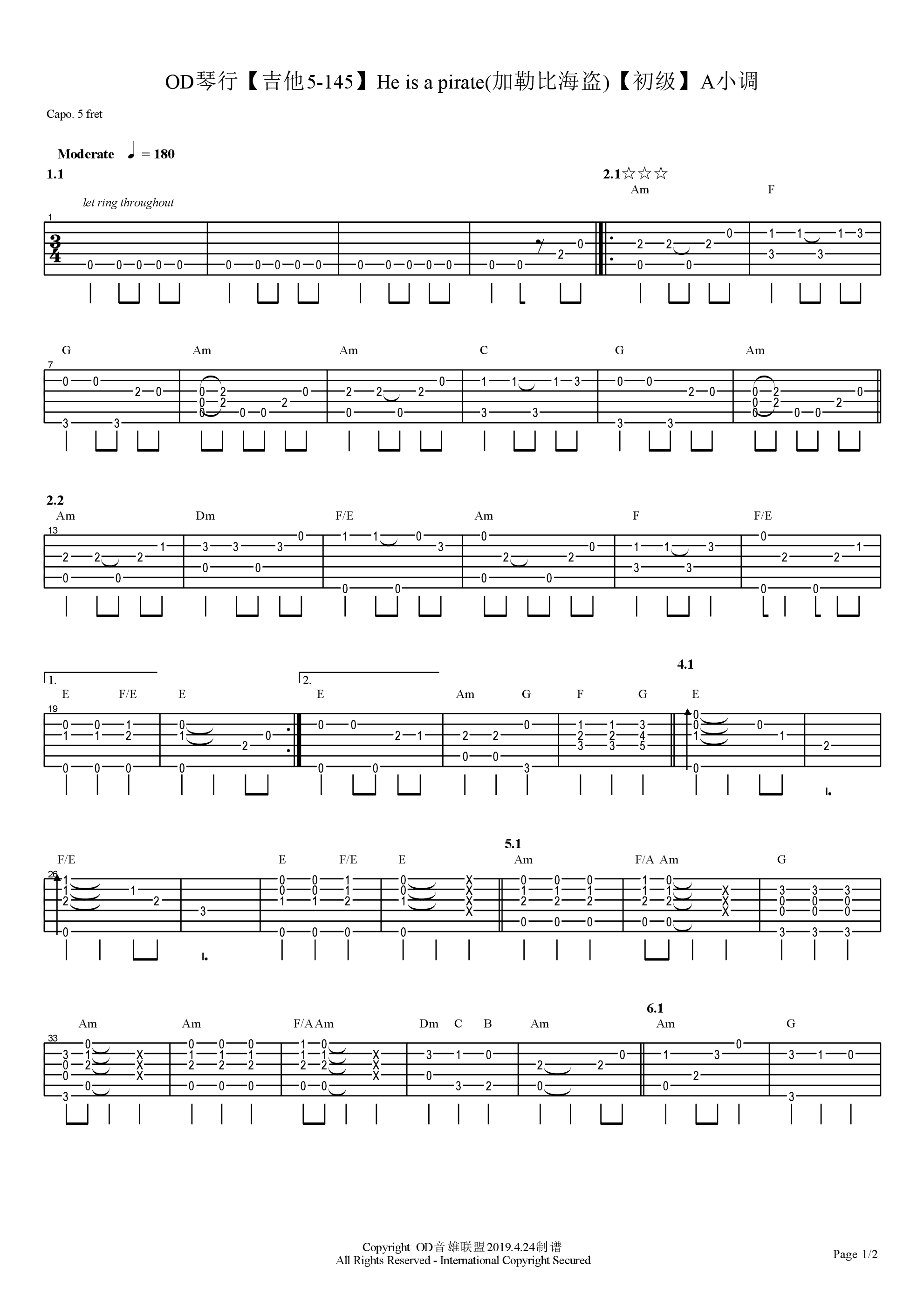 加勒比海盗指弹谱 原调六线谱_高清版_He's a Pirate