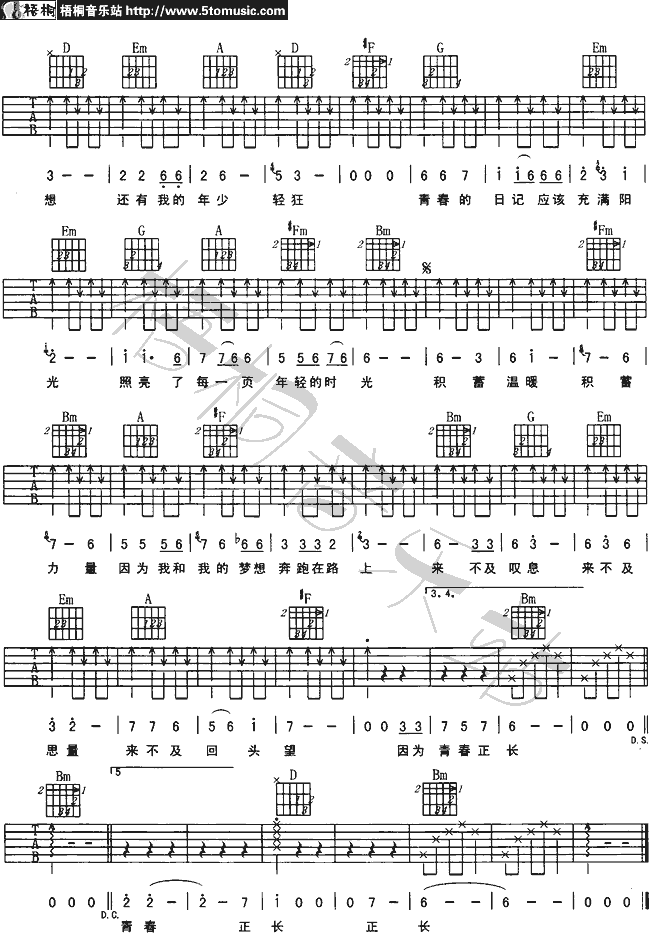 青春日记吉他谱 D调六线谱_梧桐音乐站编配_沙宝亮