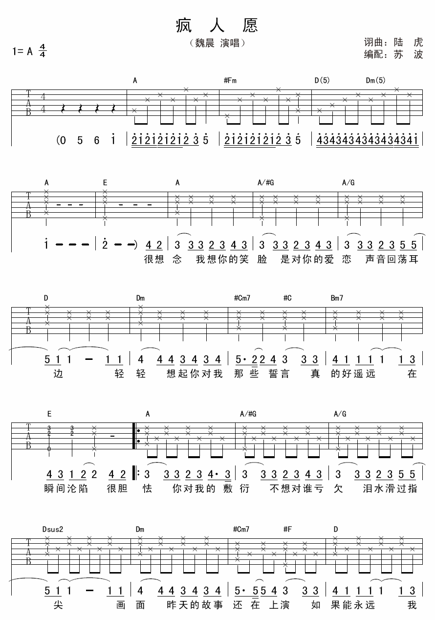 疯人院吉他谱 A调六线谱_苏波编配_魏晨