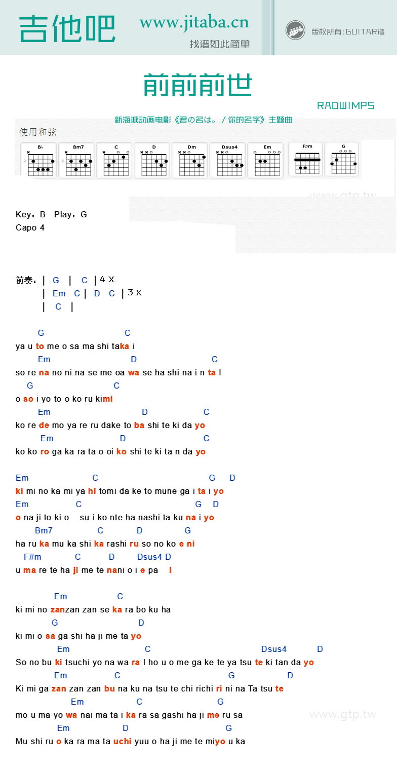 前前前世吉他谱 G调和弦谱_吉他吧编配_你的名字