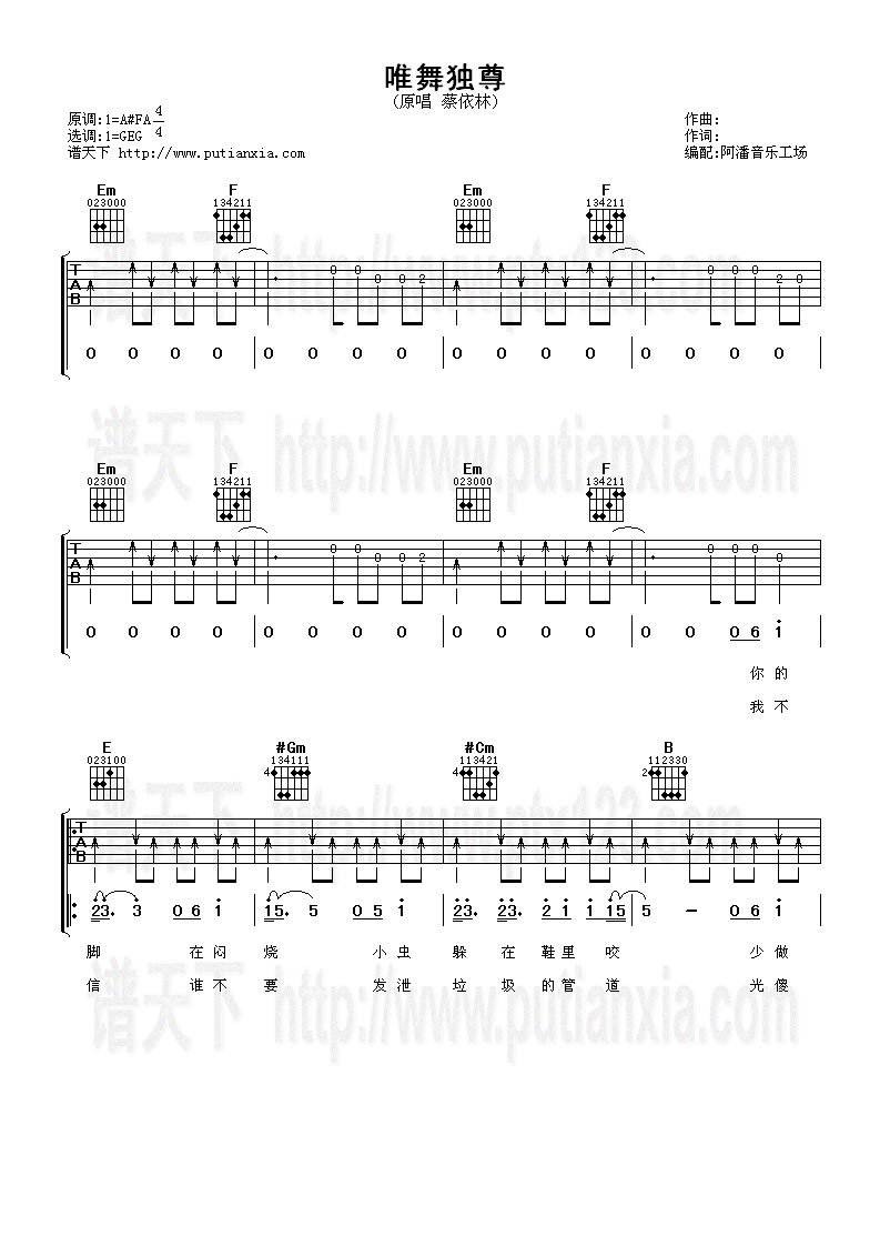 唯舞独尊吉他谱 G调_阿潘音乐工厂编配_蔡依林