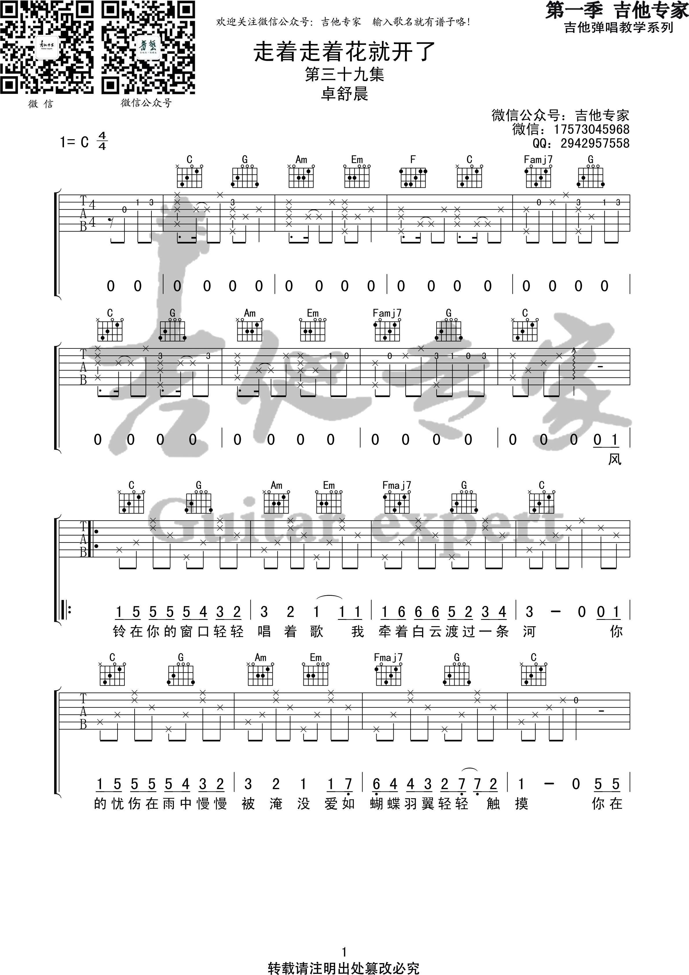 走着走着花就开了吉他谱 C调_吉他专家编配_卓舒晨