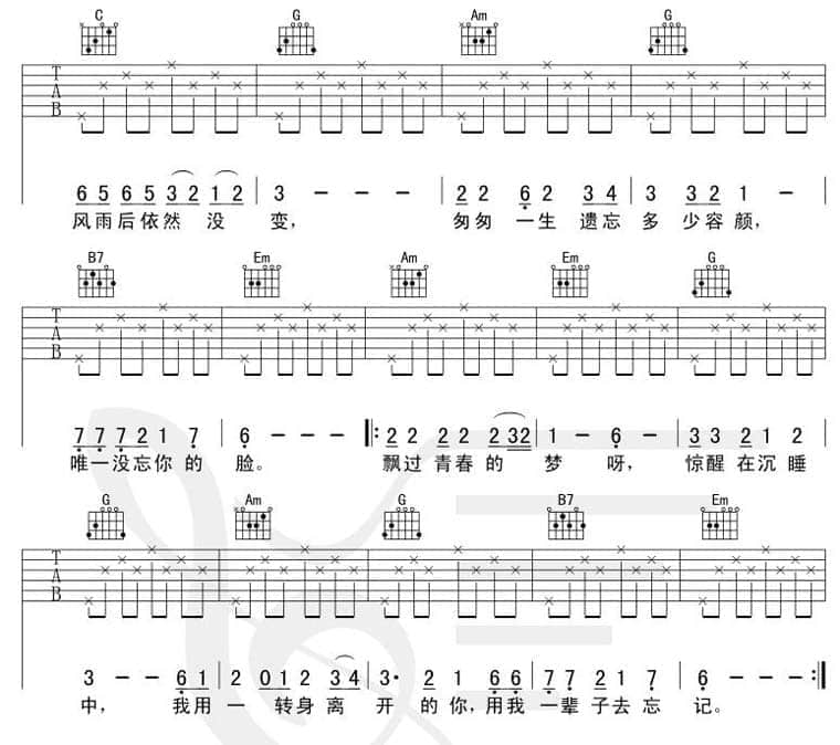 用我一辈子去忘记吉他谱 C调六线谱_E网音乐教室编配_郑智化