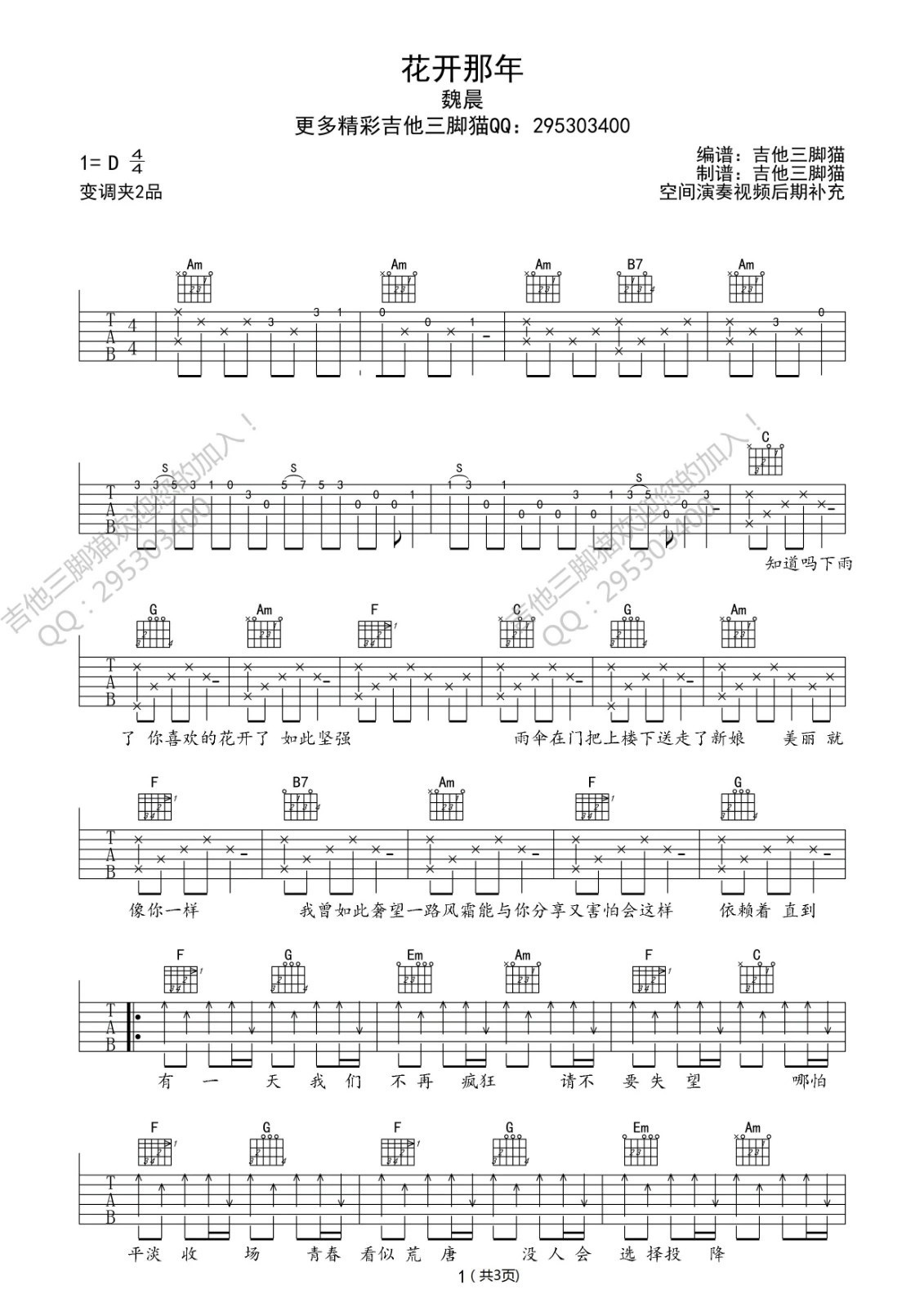 花开那年吉他谱 D调六线谱_吉他三脚猫编配_魏晨