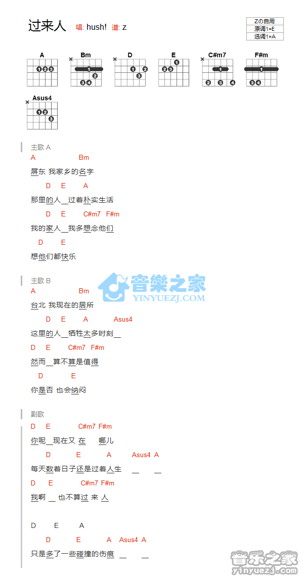 过来人吉他谱 A调和弦谱_音乐之家编配_Hush
