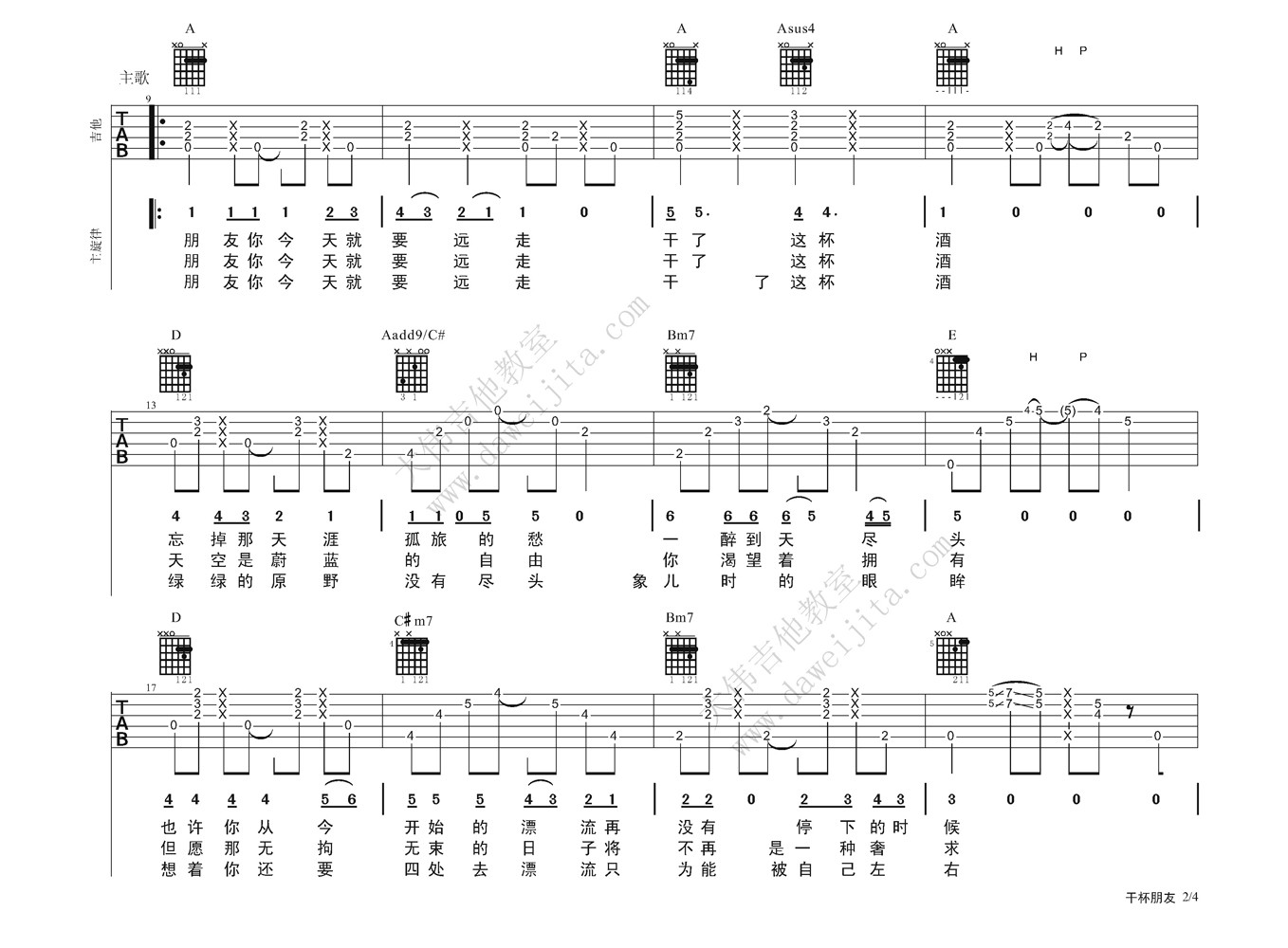 朋友干杯吉他谱 A调精选版_大伟吉他教室编配_田震