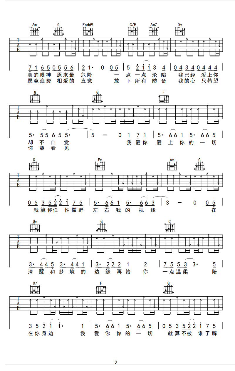 清醒梦境吉他谱 C调六线谱_扫弦版_陈伟霆