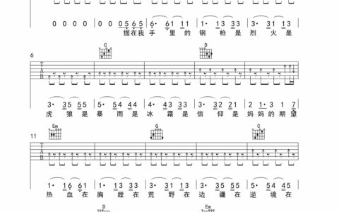 热血兵王吉他谱 F调高清谱_扫弦版_中华